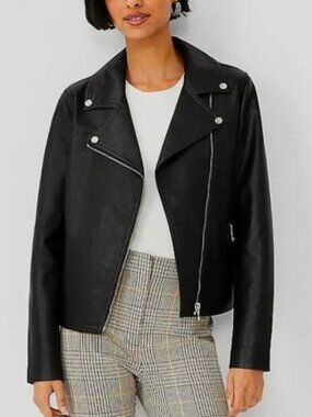 Ann Taylor Faux Leather Moto Biker Jacket Black Size 4